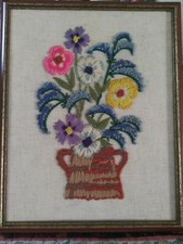 Vintage Framed Crewel Embroidery Pretty Multi Color FLORAL PICTURE 15" x 12" W
