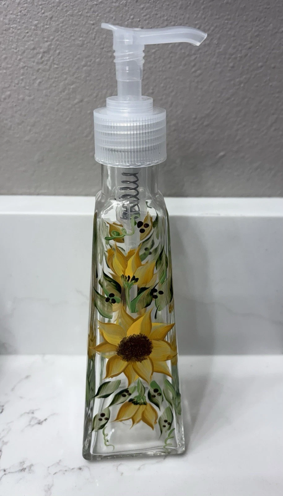 Hand Painted Sunflower Glass Pump Bottle Dispenser