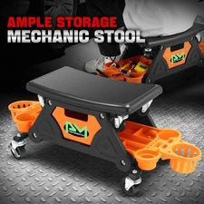 Detachable Stool Heavy Duty Mechanic Rolling Work Shop Seat w/ Tool Tray Orange