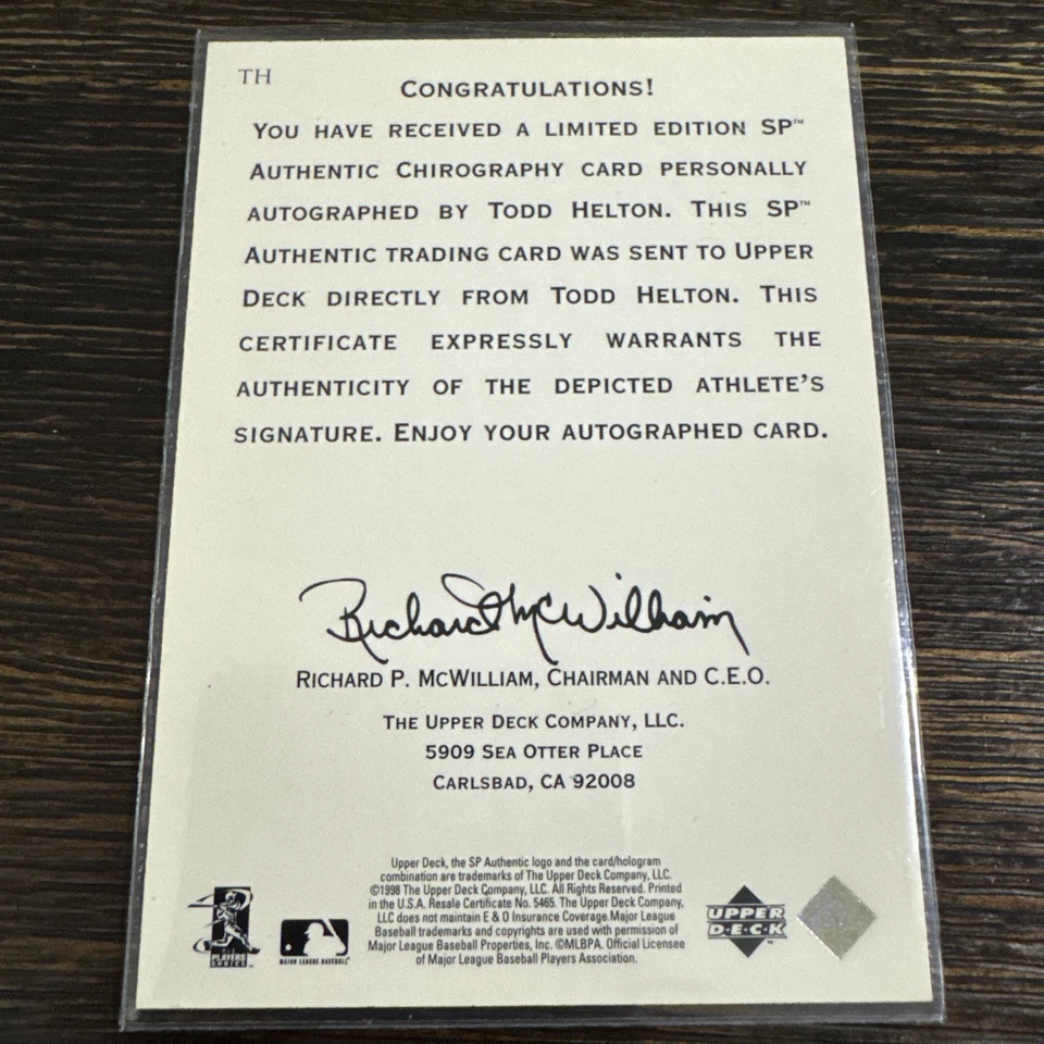 1998 SP Authentic Todd Helton Chirography Autograph/Signature. Mint grade worthy - Image 2 of 2