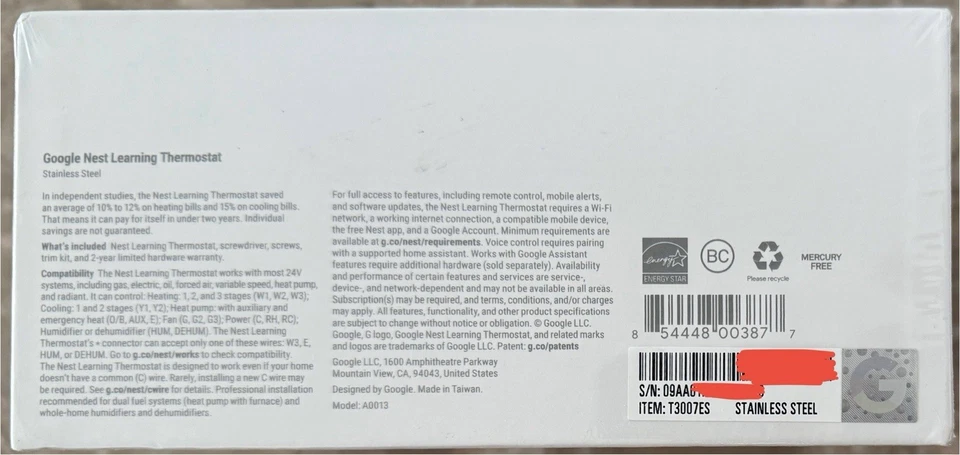 Google Nest Learning Thermostat, A0013 Stainless Steel, T3007ES Sealed - Image 3 of 3