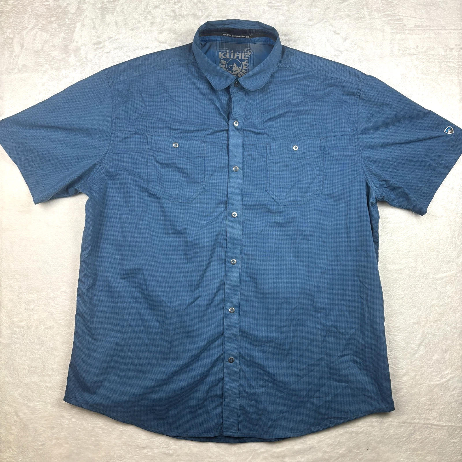 Kuhl Stealth Shirt Mens XL Blue Check Short Sleeve Button Up Performance Hiking