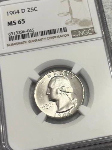 1964 D Washington Quarter Graded MS 65 by NGC - White/Great Luster