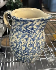 Roseville Blue Spongeware Stoneware Pitcher Creamer 1 Qt a2 bv