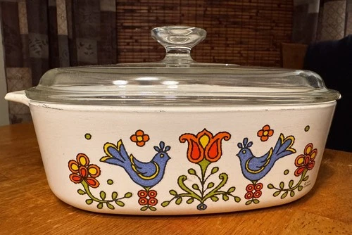 CorningWare 1975 Country Festival Birds 2 Qt Casserole With Pyrex Lid