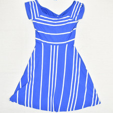 NEW Loft Women's Fit & Flare Dress Striped Short Sleeve Polyester Blue Size M