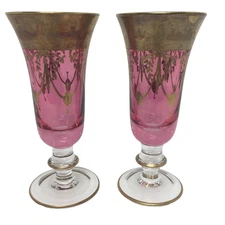 2 Interglass Pink Glass Champagne Flutes 24K Lyre Wreath Swag 7.25" H Italy