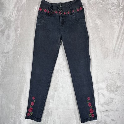 Tissini Ankles Jeans Women Talla 7 Black Denim Cotton Rose Embroidery High Waist