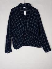 NWT Gap Blouse Womens Navy XL Check Collared V Neck Long Sleeve Pullover