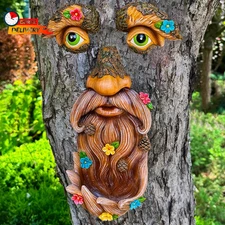 Tree Face Decor - Outdoor Bird Feeder - Old Man Face Decoration with Flowers