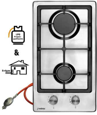 Phönix Domino-S Gaskochfeld Inox Gaskocher 2 flammig inkl. Gasschlauch-Regler