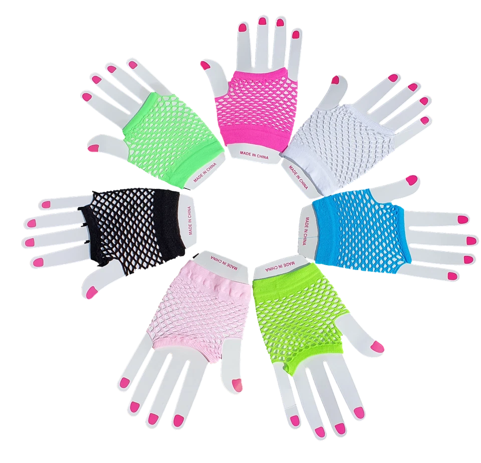 Neon Fingerless Fishnet Gloves Ladies Girls Sexy Small 80s Fancy Dress Halloween