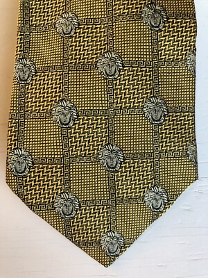 Gianni Versace Medusa Mens Neck Tie 100% Silk Seda Gold Black Check Italy 