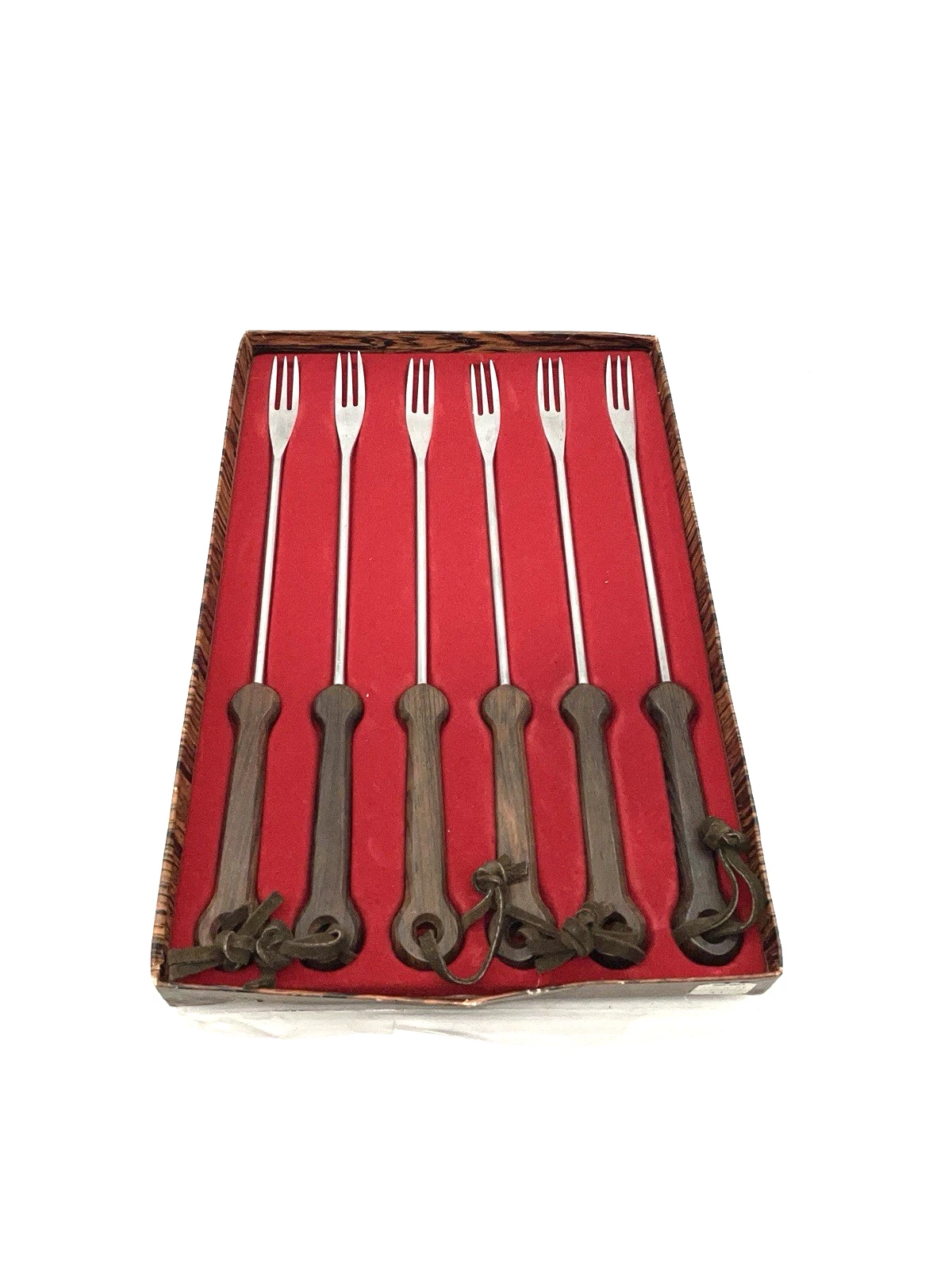 Vintage Set Of 6 Fondue Fork German Stainless Mid-Century Modern Teak Wood Look