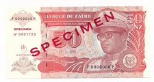 Zaire 50 New Zaïres 1994 P. 59s SPECIMEN  Unc Note