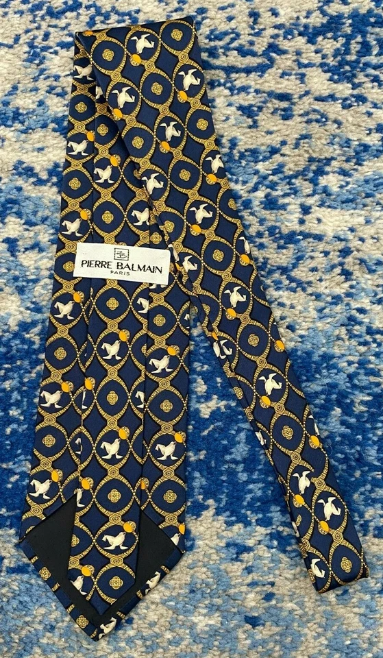 Pierre Balmain винтажный печати синий оранжевый золотой серый черный атласный шелковый галстук Италии - Изображение 3 из 4