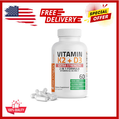 Bronson Vitamin K2 (MK7) with D3 Extra Strength Supplement Bone Health Non-GMO