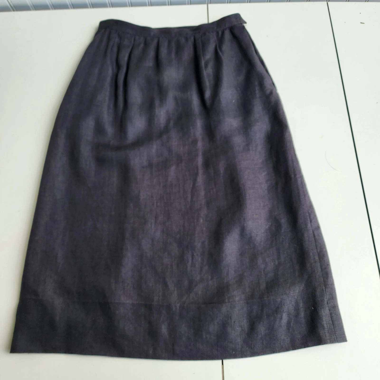 Vtg Women's Linen Midi Skirt ILGWU Black Side Zip USA Sz 12