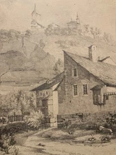 Beautiful drawing 19th century 1830 pencil to identify Porte De Bourguillon in Fribourg Switzerland