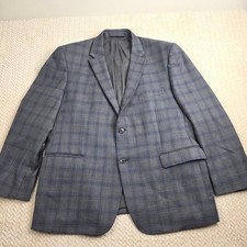 Jos A Bank Traveler Blazer Mens 48R Grey Blue Plaid 100 Wool Jacket