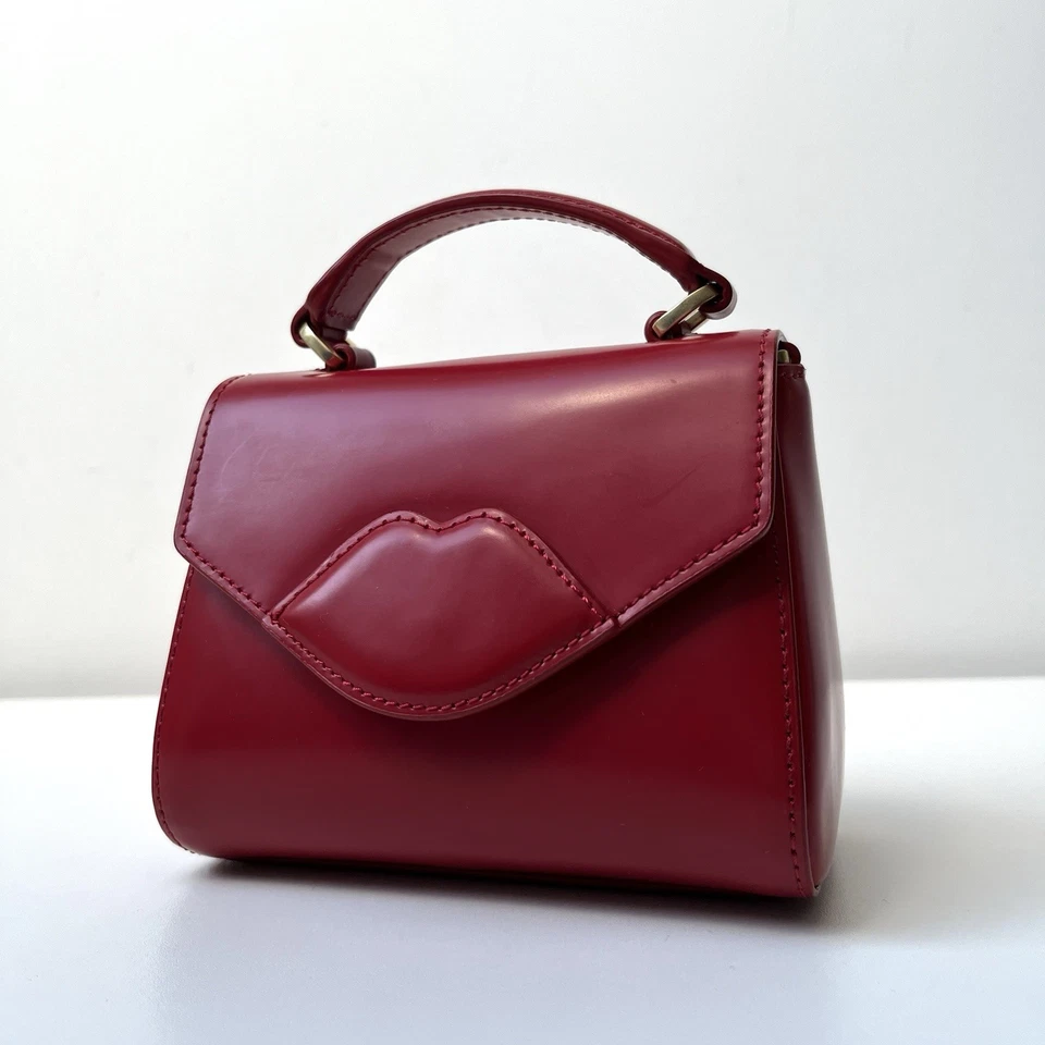 LULU GUINNESS Izzy Mini Lip Grab Bag Crossbody Shoulder Strap Red Patent Leather - Image 3 of 4