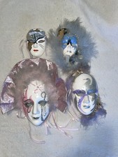 Vintage Mardi Gras Porcelain Ceramic Face Masks w/ Glitter Feathers Lot of 4
