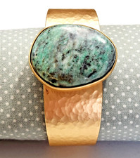 Bracciale Vintage Martellato Opaco Tono Oro Lg Turchese Africano Diaspro Azteco