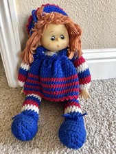 Vintage Strawberry Shortcake Yarn Hair 15  Doll Red White Blue Crochet Dress