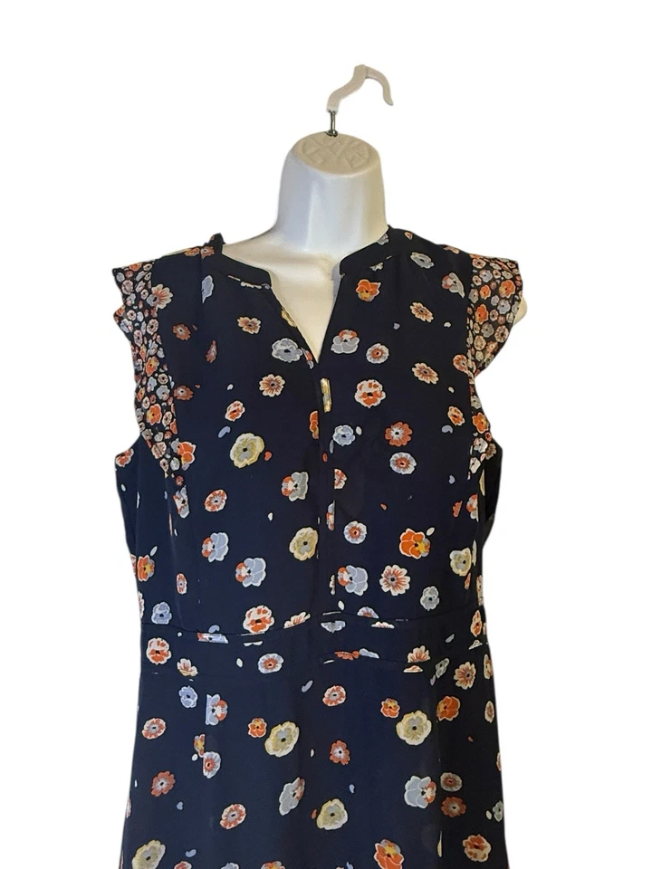 Maison Jules Navy Floral Sleeveless Dress Women’s Size 12 Ruffle Hem V-Neck - Image 3 of 4