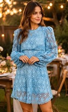 Rare LoveShackFancy Leira Lace Puff Sleeve Dress Deep Sea Indigo Blue 0