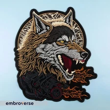 Fire Wolf Large Back Patch – Angry Wild Animal Head – Embroidered Flames