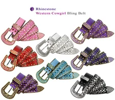 Rhinestone Belt Western Crystal Bling Studded Leather Belt 1-3/8" (35mm) wide