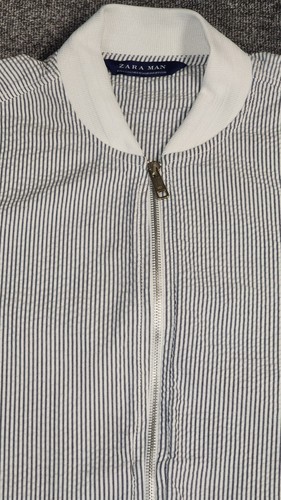 Zara Man Jacket Size L Striped Full Zip Light Blue/White Bomber Cardigan - Picture 5 of 12