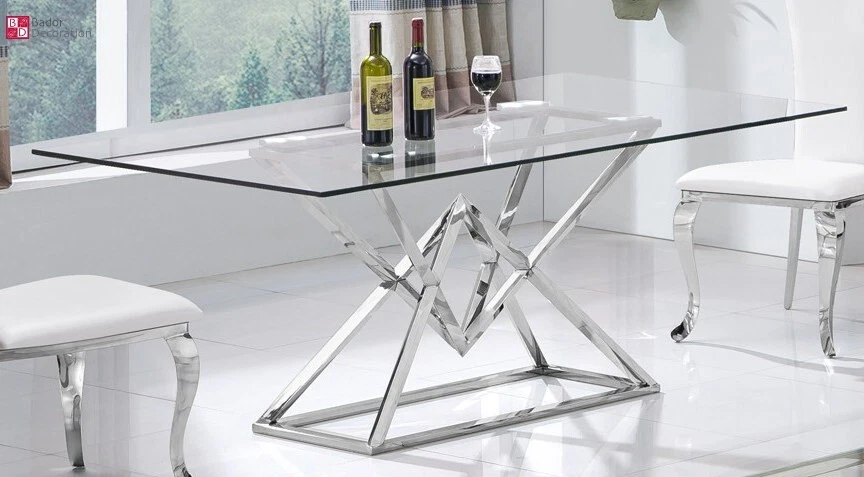 Design Tavolo da Pranzo Argento Acciaio Inox Temperato Vetro Sala 160x90 CM - Immagine 3 di 4