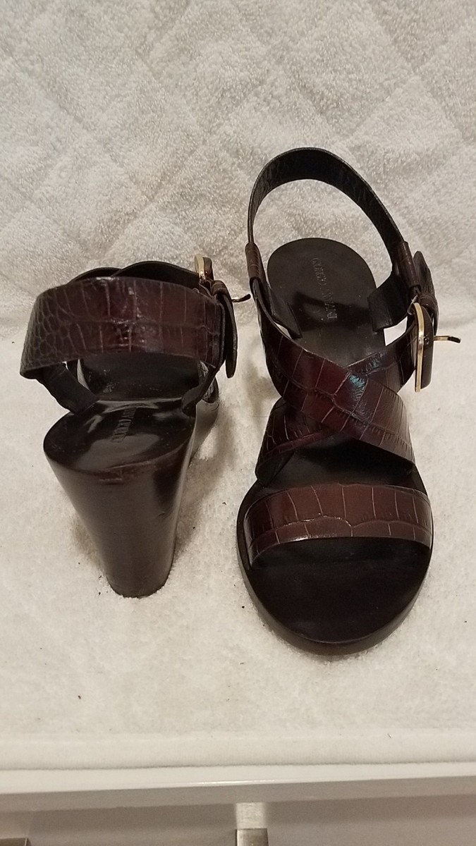 GIORGIO ARMANI ALLIGATOR SKIN LEATHER BURGUNDY WEDGE SANDALS  display picture 1