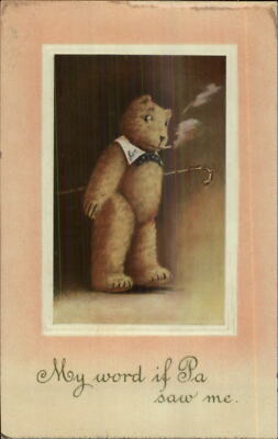 Fantasy Teddy Bear Cane & Tie Smoking Cigarette BB London Series Postcard  G19