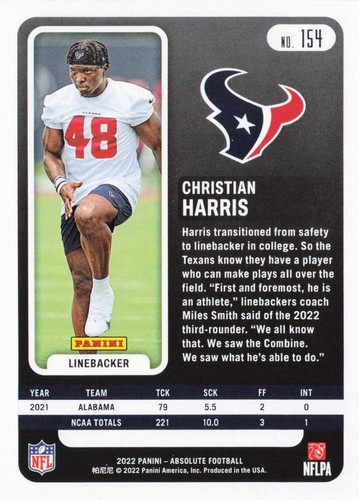 2022 Panini Absolute Base Rookie RC #154 Christian Harris Houston Texans - Picture 2 of 2