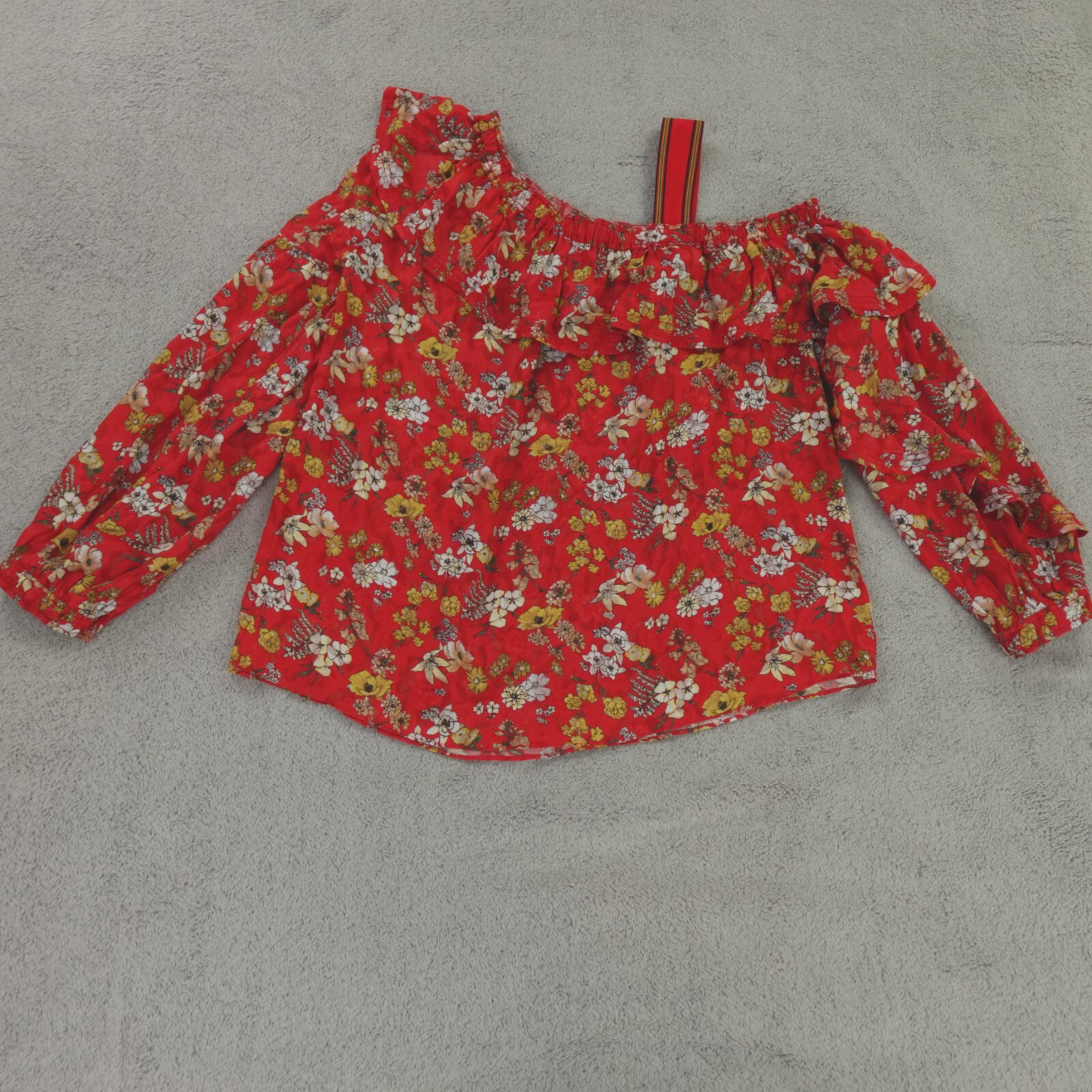 Derek Lam 10 Crosby Womens One Shoulder Floral Ruffle Silk Top in Red Multi