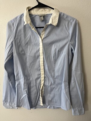 H&M Button Up Top Womans Size 8 Blue Long Sleeve Collar Cotton Shirt