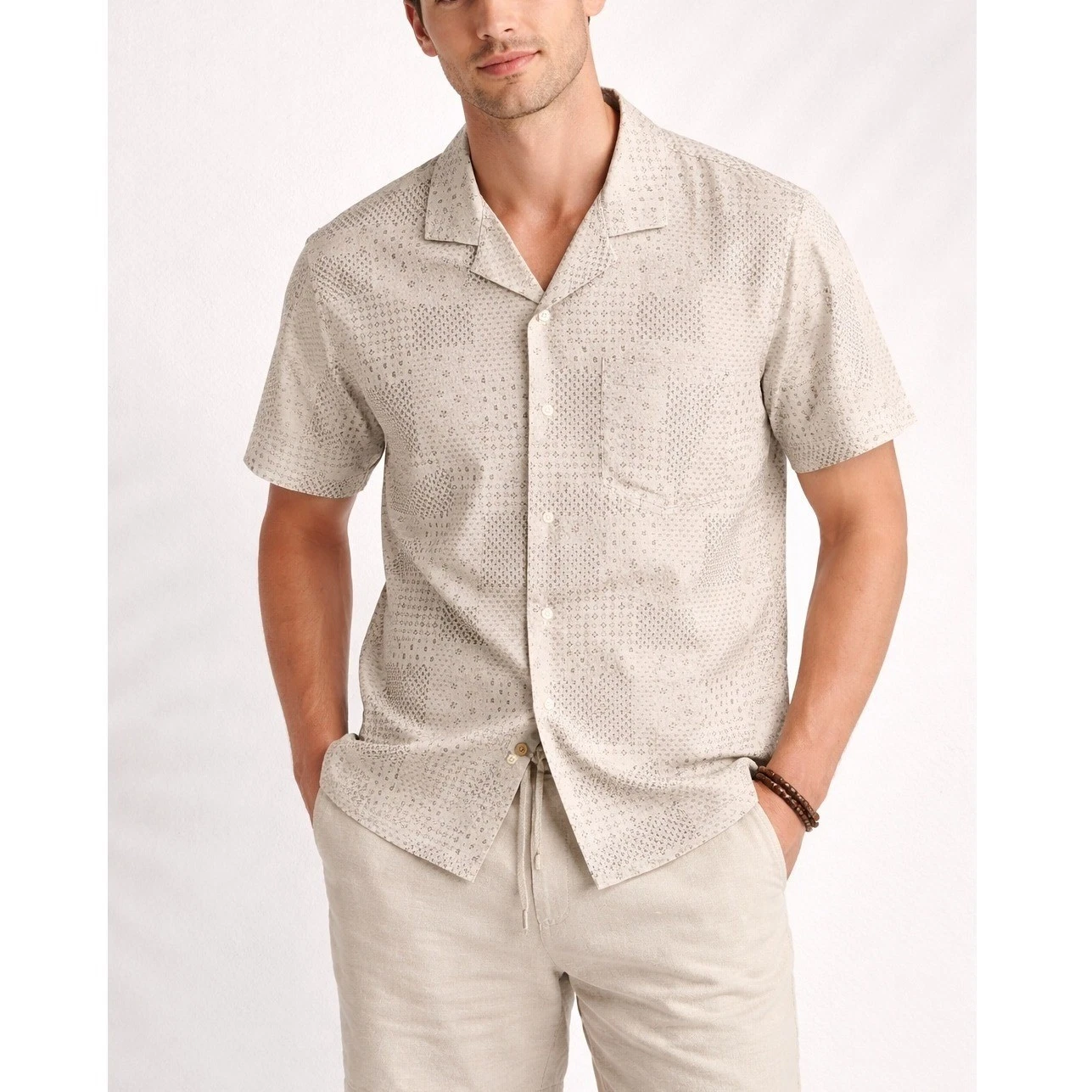 Abercrombie & Fitch Men's Satin Beige Geometric Patchwork Silky Camp Shirt- M