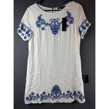 NWT Lulus Tale to Tell Blue and Ivory Embroidered Shift Dress Size Medium