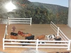 VINTAGE PLASTICVILLE DAIRY BARN O/S GAUGE w/COWS, FENCE, BARRELS, FARMER — photo 6