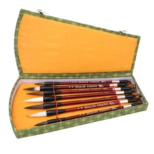 7 PCS Chinese Traditional Calligraphy Brushes Set with Gift Box Weasel Hair