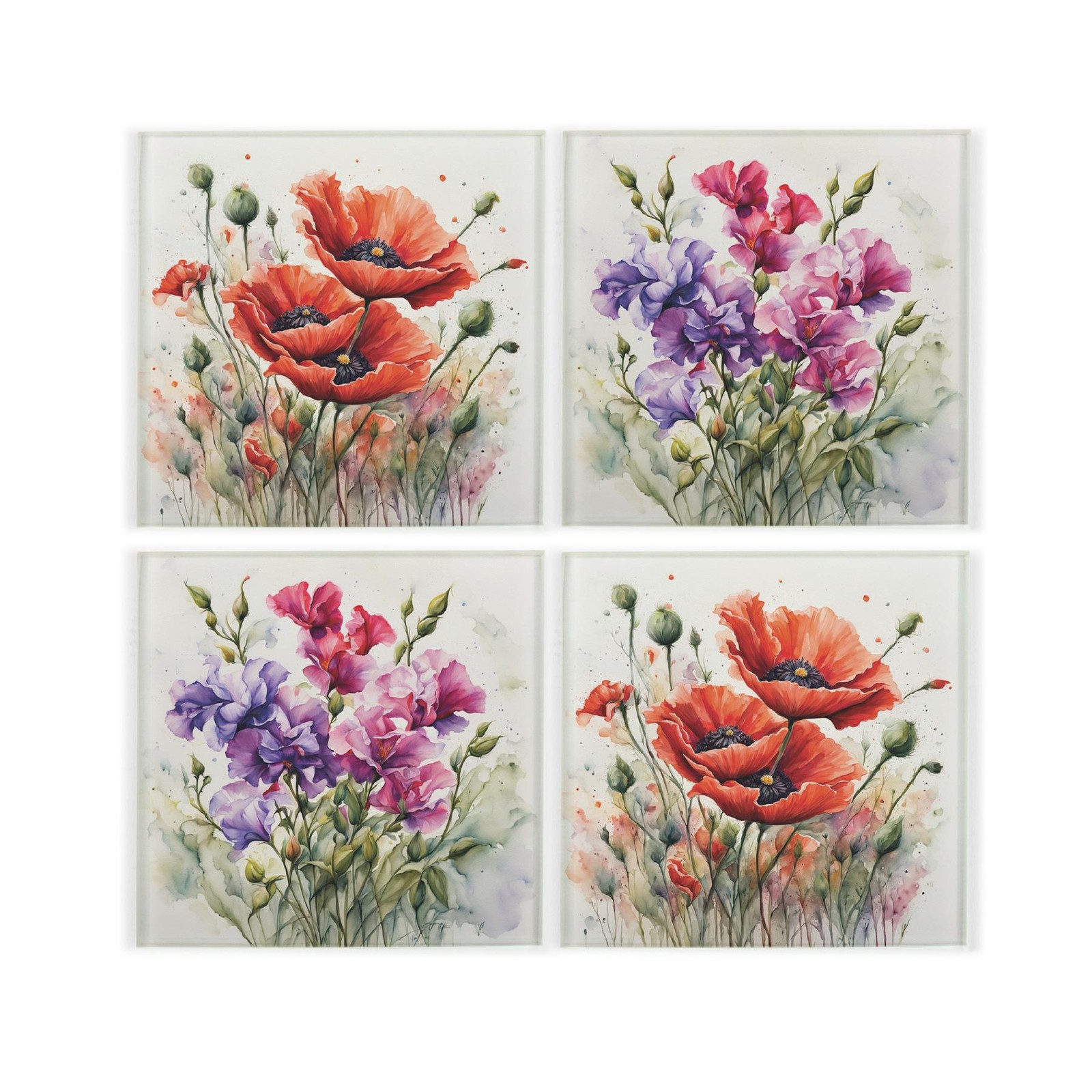 Floral Glass Coaster Set - Sweet Peas & Poppies Gifts for Her - Set of 4