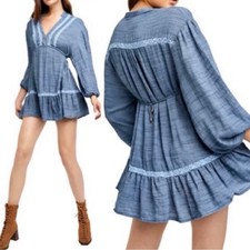 Free People Size Small Blue Rugged Beauty Swing Dress Boho Pockets Mini