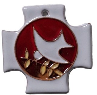 Croix En Terre Cuite Émaillée Colombe Au Rameau D'olivier