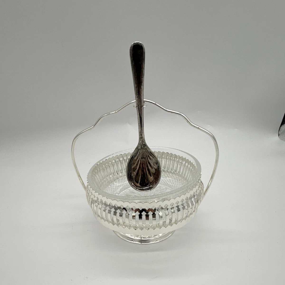 Silverplate Condiment Bowl with Spoon, Original, Made in SHEFFIELD ENGLAND