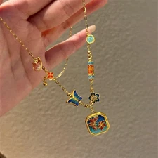 Vintage Enamel Blue Butterfly Pendant Necklace Chinese Style Women Jewelry