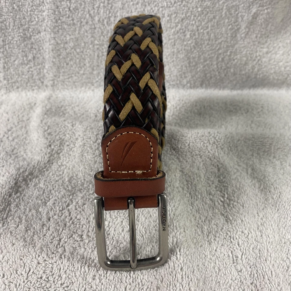 Cinto Nautica Masculino XL 42/44 Marrom Bronzeado Tecido Trançado Couro Fivela Tom Prata - Imagem 2 de 4