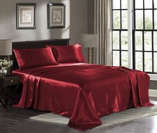 Satin Sheets California King 4-Piece, Burgundy Luxury Silky Bed Sheets - Extra